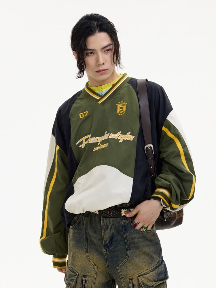 PEOPLESTYLE V-neck Sports Style Loose Pullover