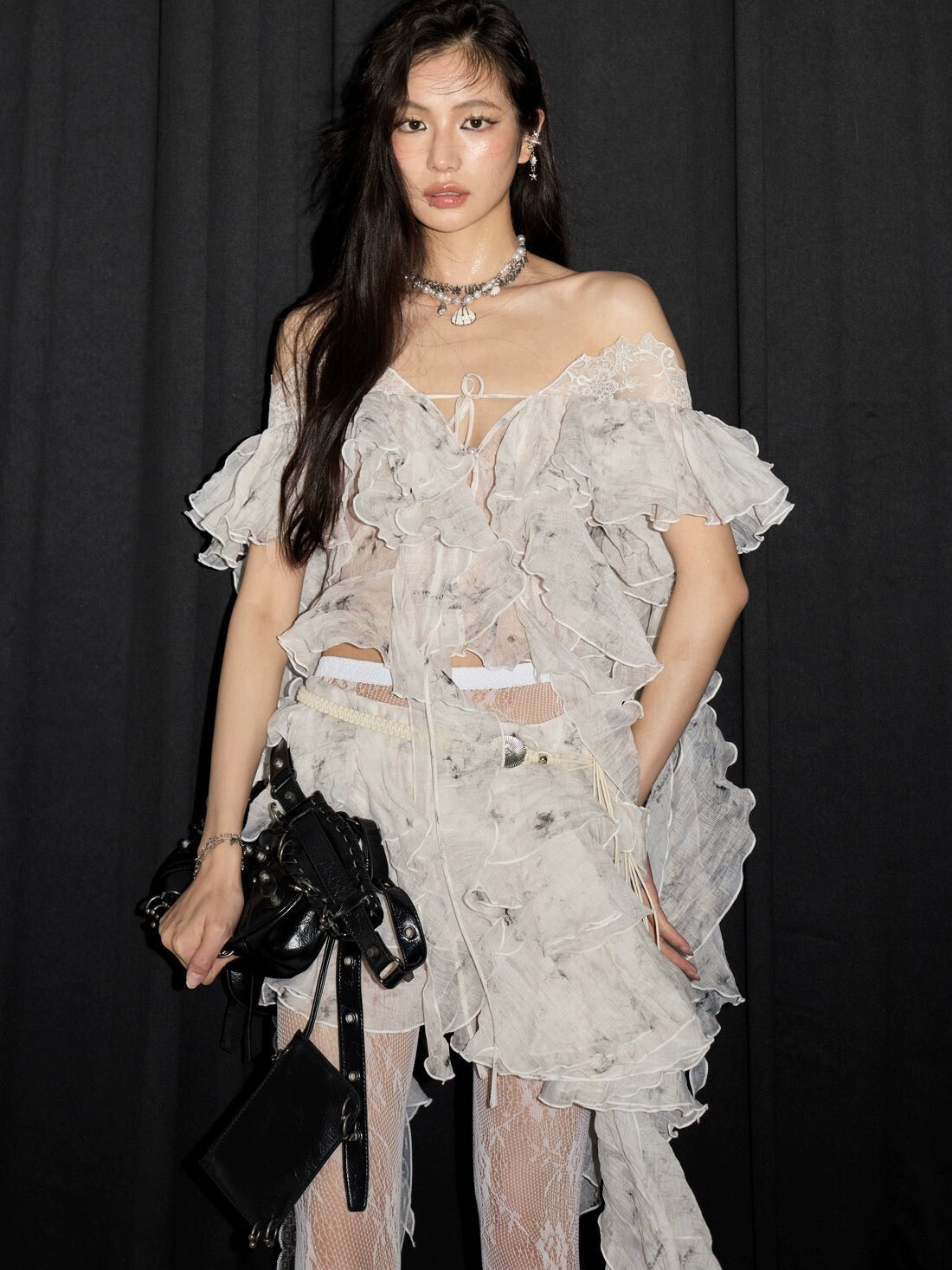 JNYLON STUDIOS asymmetrical tiered lace ruffle shirt in white