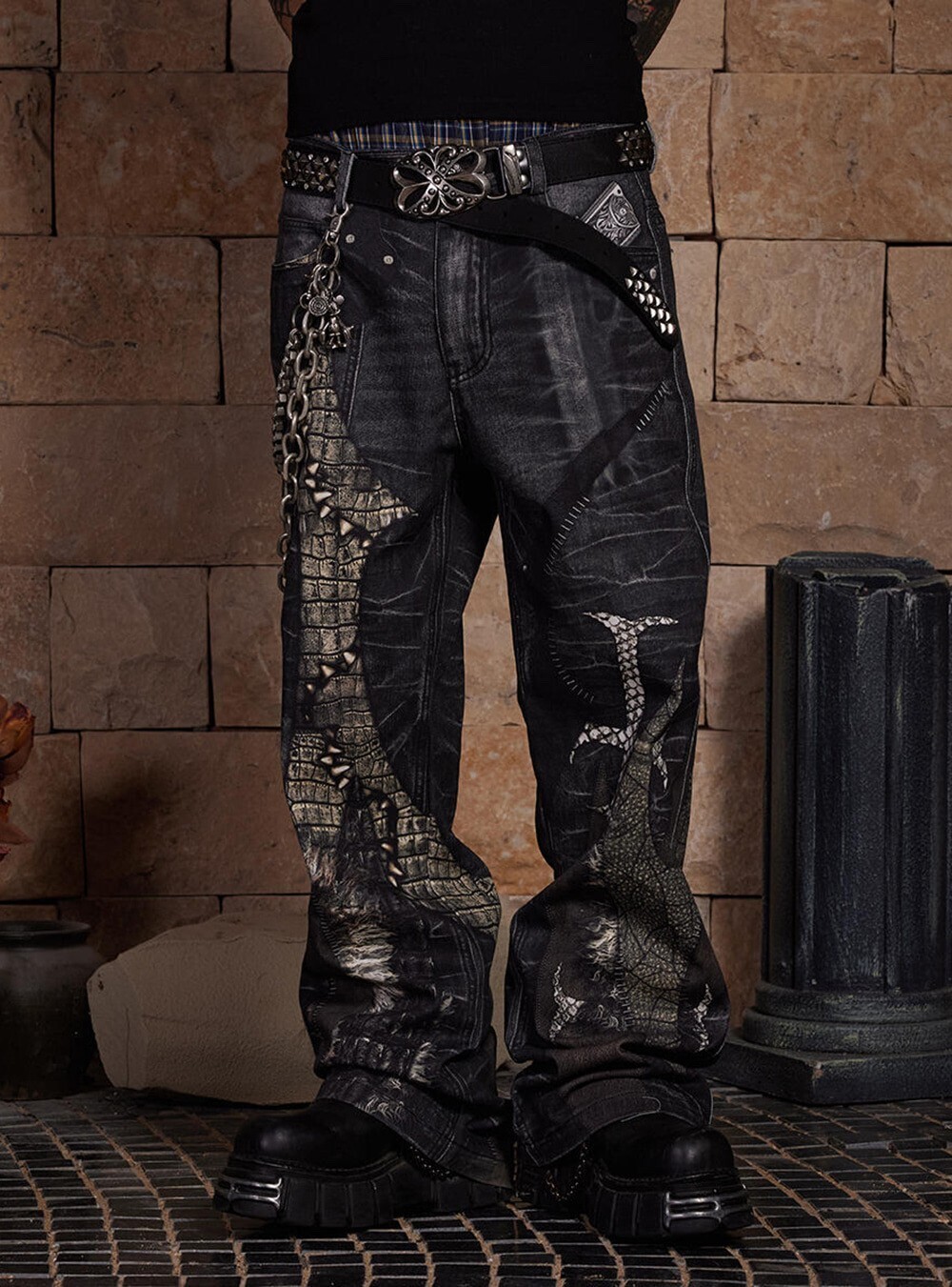 DND4DES Printed Cross Embellished Denim Pants