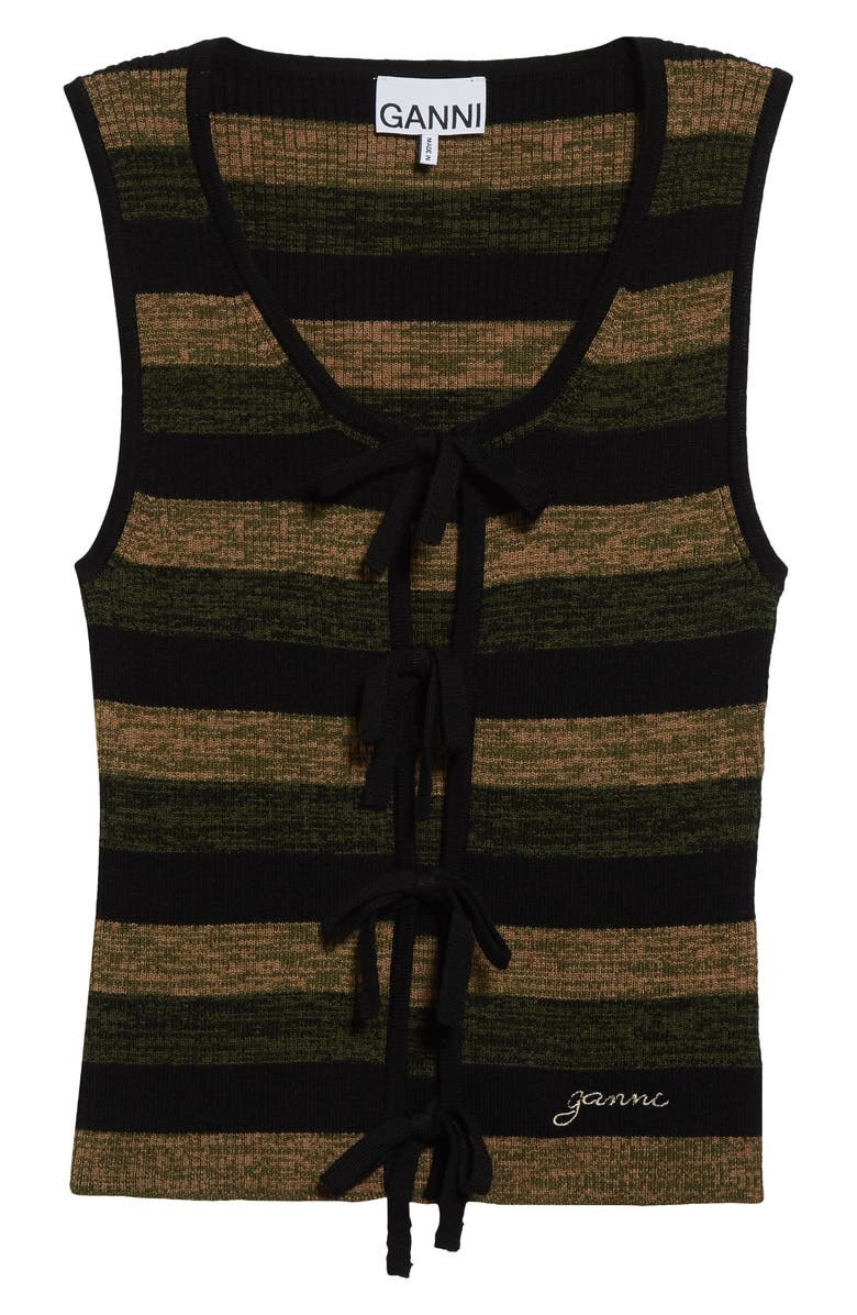GANNI Stripe Tie Front Sleeveless Merino Wool Sweater
