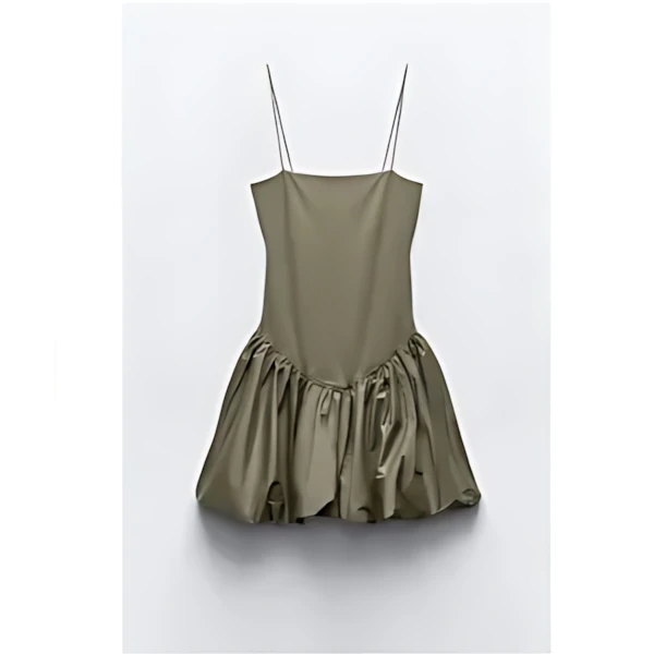 ZARA コントラスト リブ ポプリン パフ ワンピース