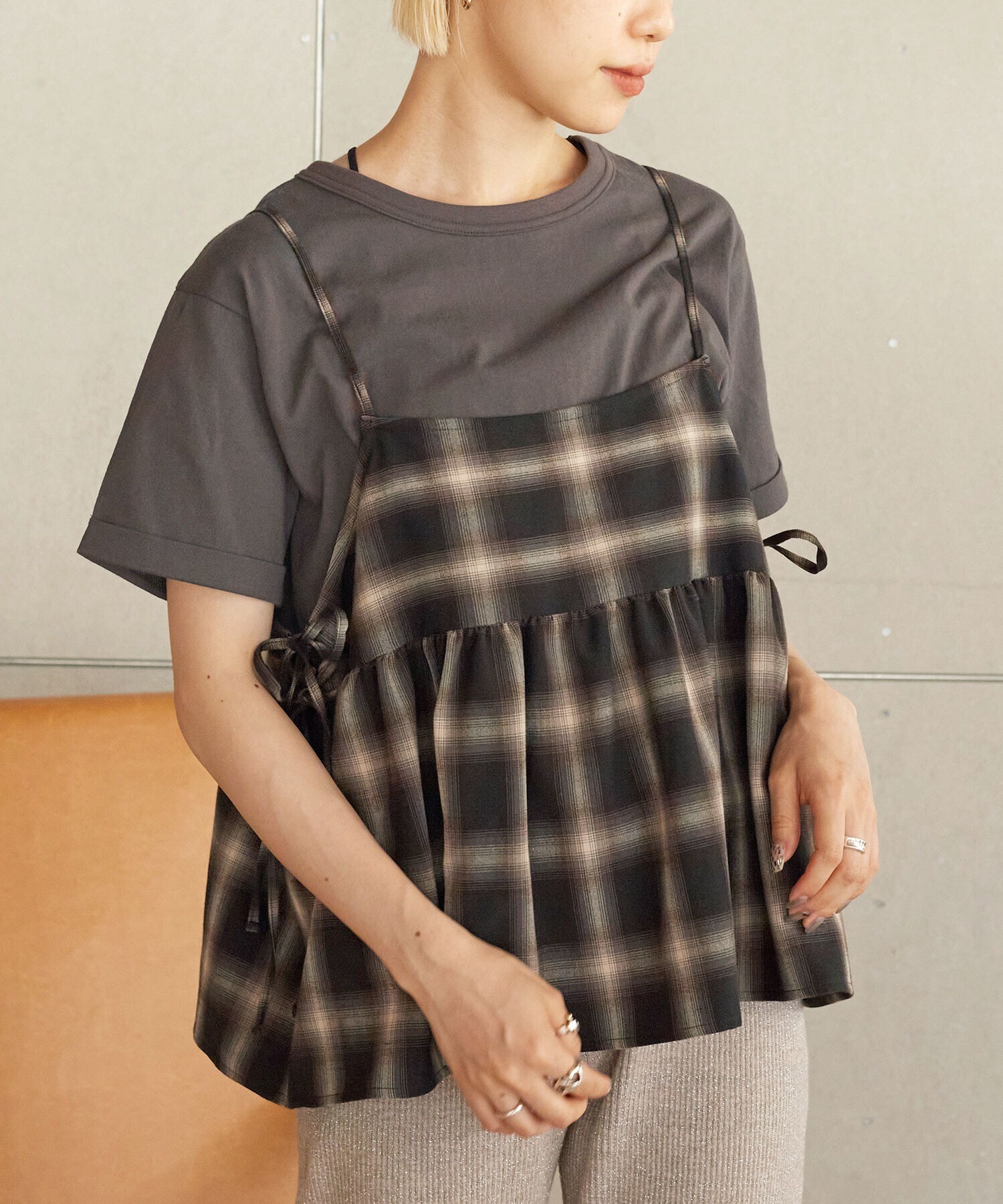 w closet 半袖Tシャツ&サイドリボンチェックキャミソール