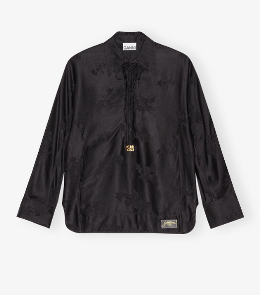 GANNI Black Satin Jacquard Tie String Shirt