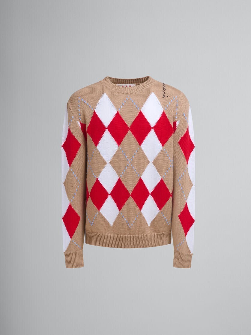 MARNI ベージュ クルーネックウールジャンパー、アーガイルモチーフ