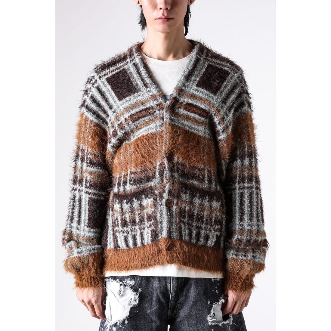 SEVESKIG Lustre Check Knit Cardigan （BEIGE）