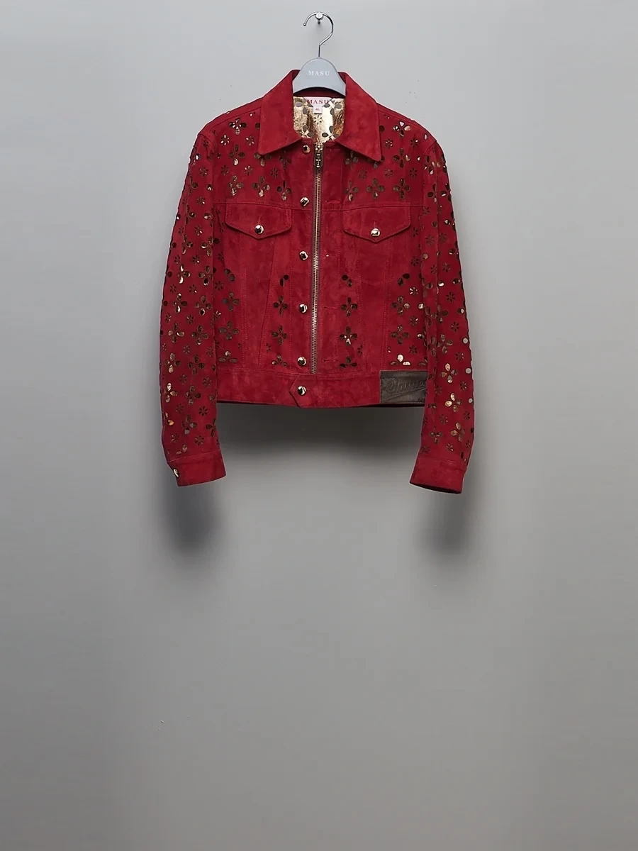 MASU FLOWER-CUT LEATHER TRUCKER JACKET