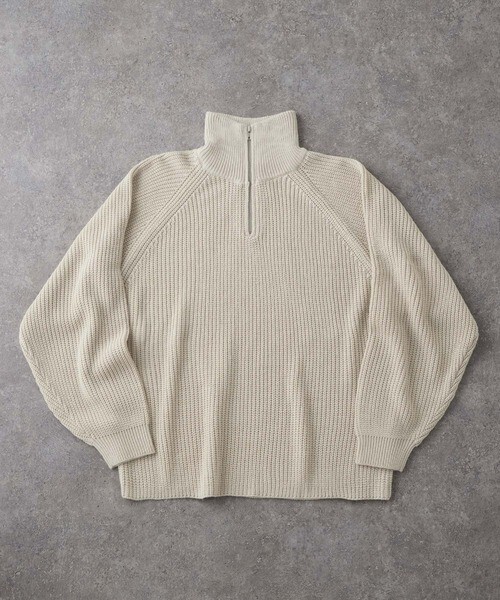 MONO-MART ハーフジップ畦編みビッグシルエットラグランプルオーバーニット