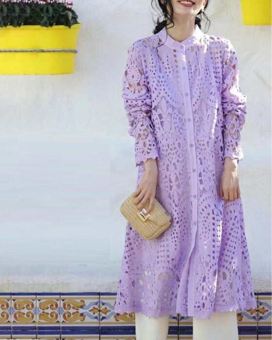 CAWAII Ice lavender midi dress with cut-out lace (with ribbon belt)