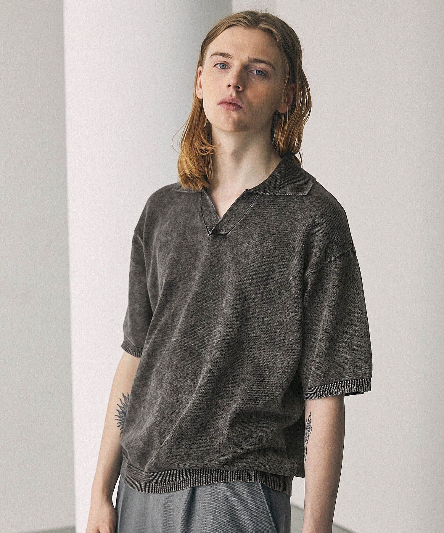 EMMA CLOTHES ストーンウォッシュスキッパールーズニットポロシャツ