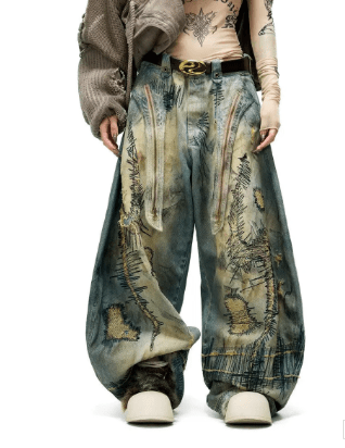 PERSONSOUL Stain Embroidery Scimitar Jeans