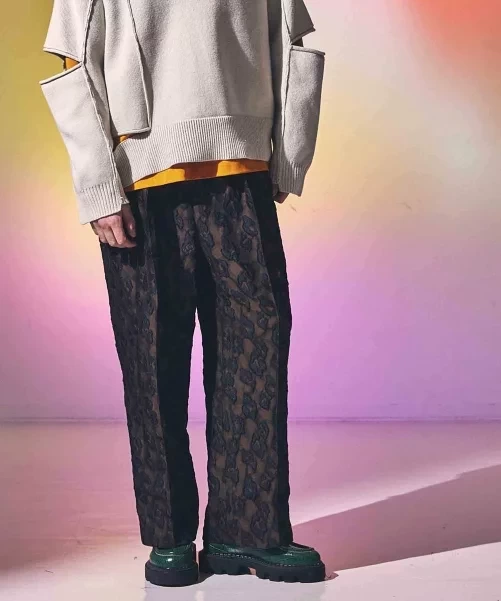 MAISON SPECIAL 3Dレオパードジャガード2タックインタックワイドパンツ