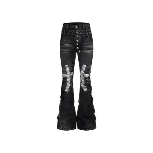 STARTEXCEEDEND WASHED BLACK MOSAIC CROSS DOUBLE WAISTBAND STACKED JEANS