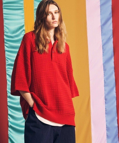MAISON SPECIAL 《ユニセックスアイテム》コードヤーンタックワッフルプライムオーバーニットポロシャツ