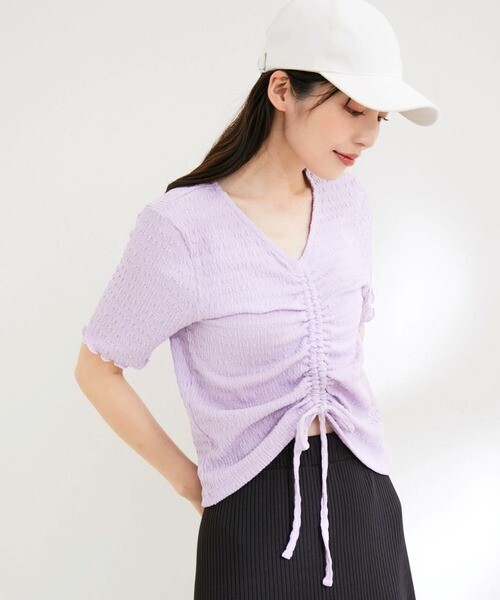 ViS 【洗える】ぽこぽこフロントシャーリングカットソー