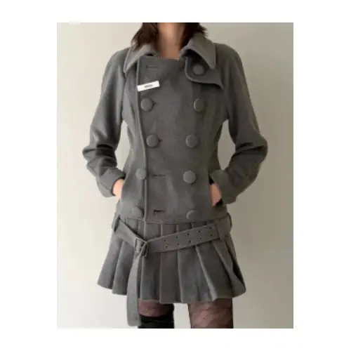Nφdress Gray Double-Breasted Pleated Hem Wool Coat