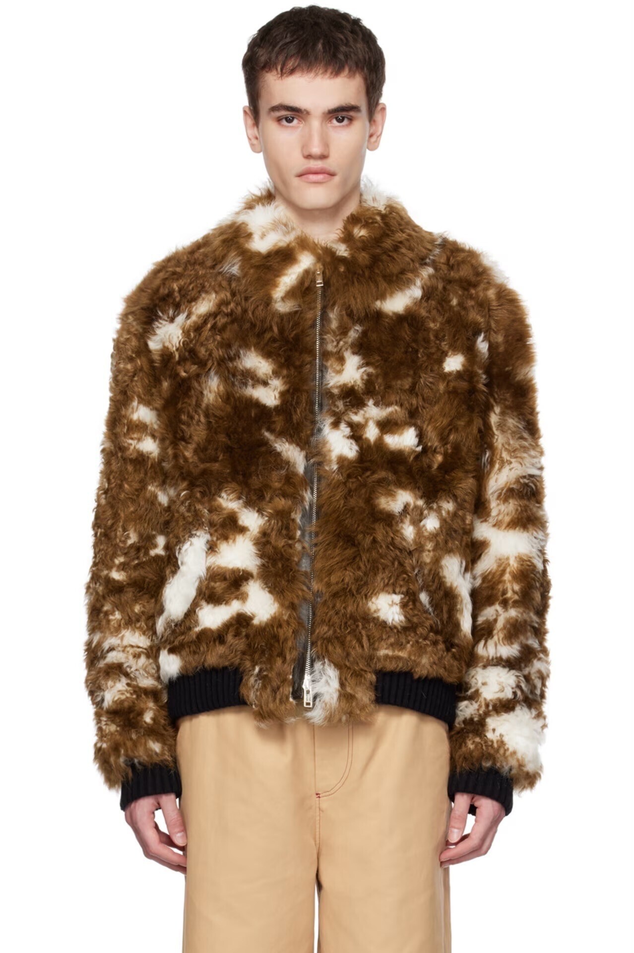 MARNI Brown & White Spread Collar Fur Jacket