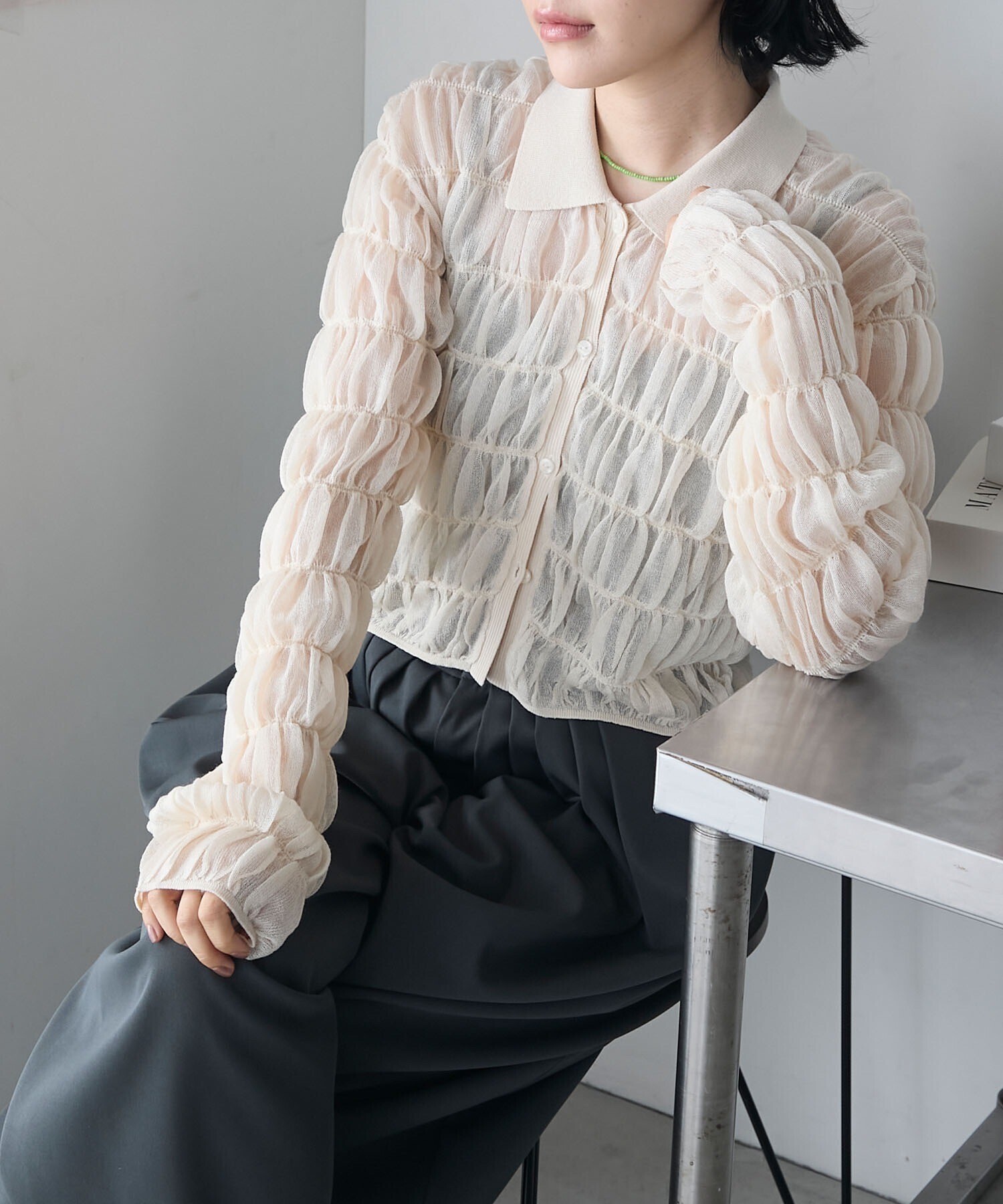 forksy. シャーリング 襟付き シアーニット カーディガン