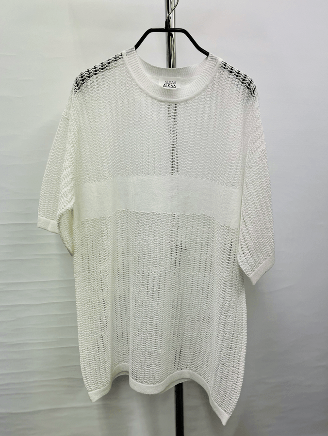 alkaa alkaaラミネートタッチリネンコットンUNISEXレーシーニットT