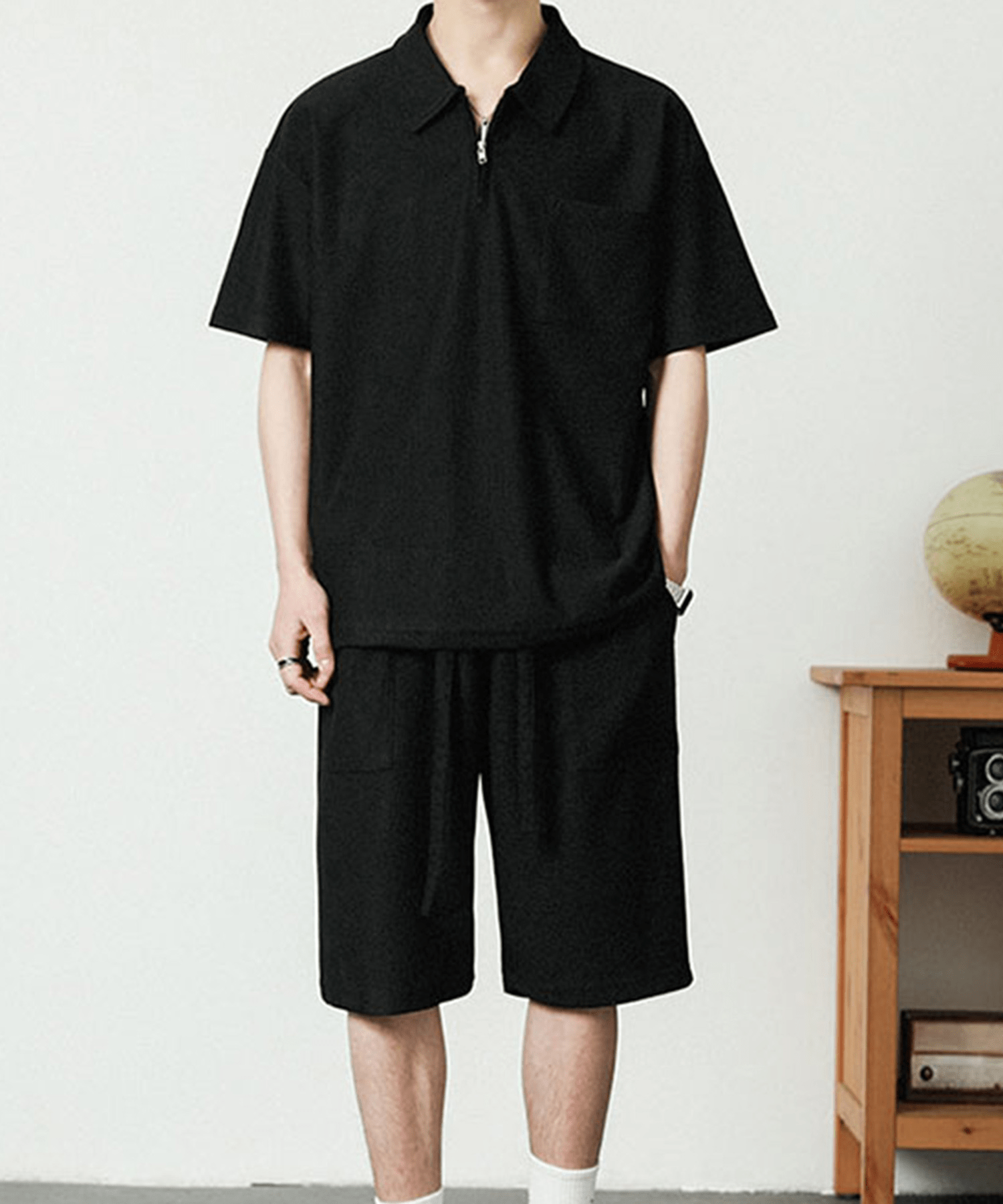 perky room 【Cloudstyle】メンズスウェード半袖Tシャツ+ハーフパンツ セットアップ