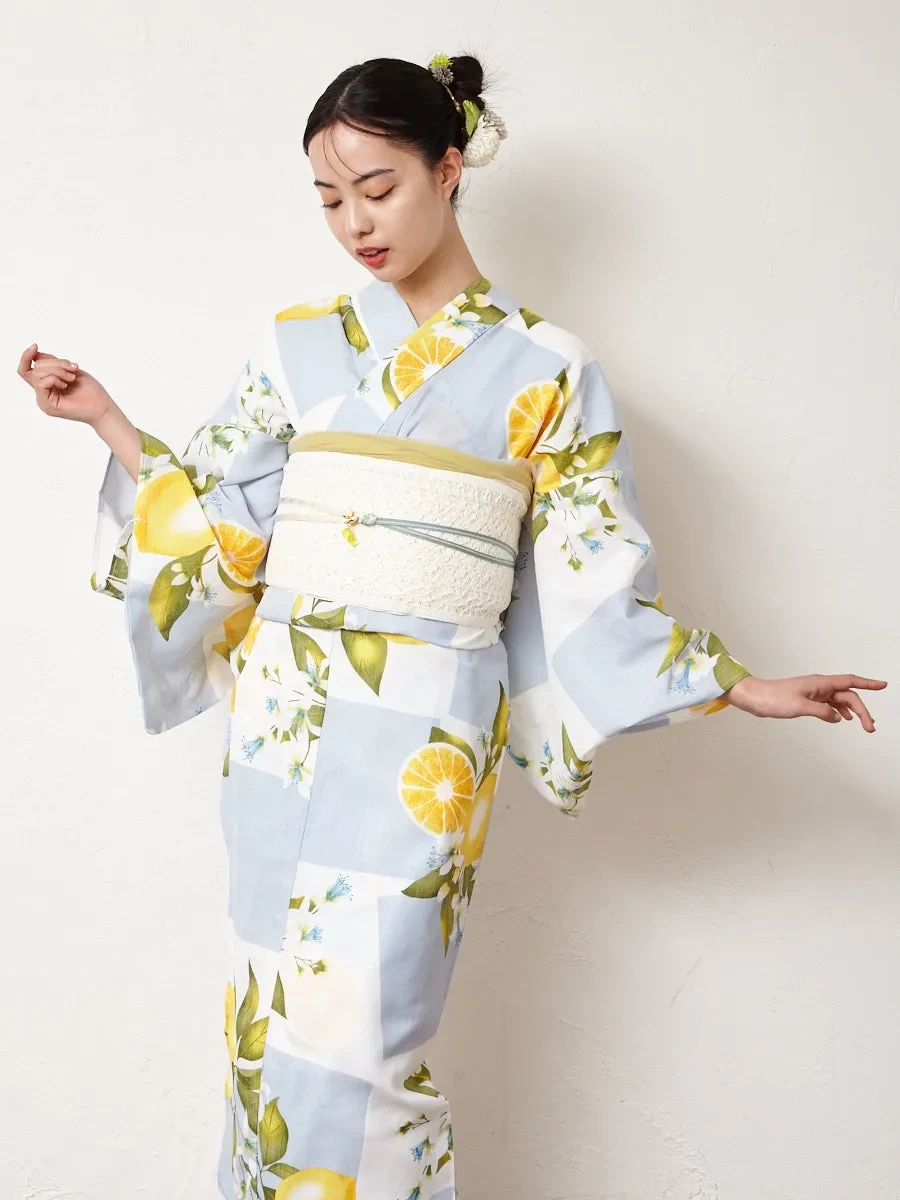 ふりふ 浴衣単品「 NaturalFurifu 市松レモン 」