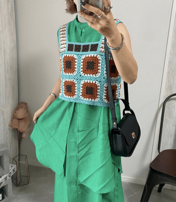 Chich&Sally ボヘ風クロシェ編みビスチェ×TEE SET【turquoise】