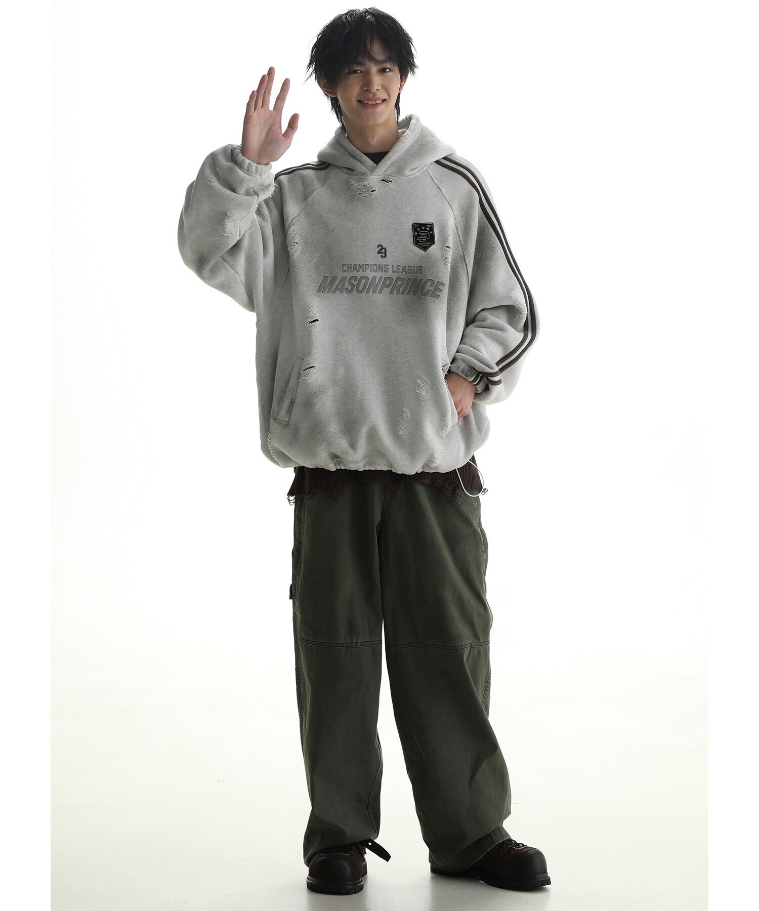 MASONPRINCE オーバーサイズ ラグラン サイドライン ダメージ加工パーカー