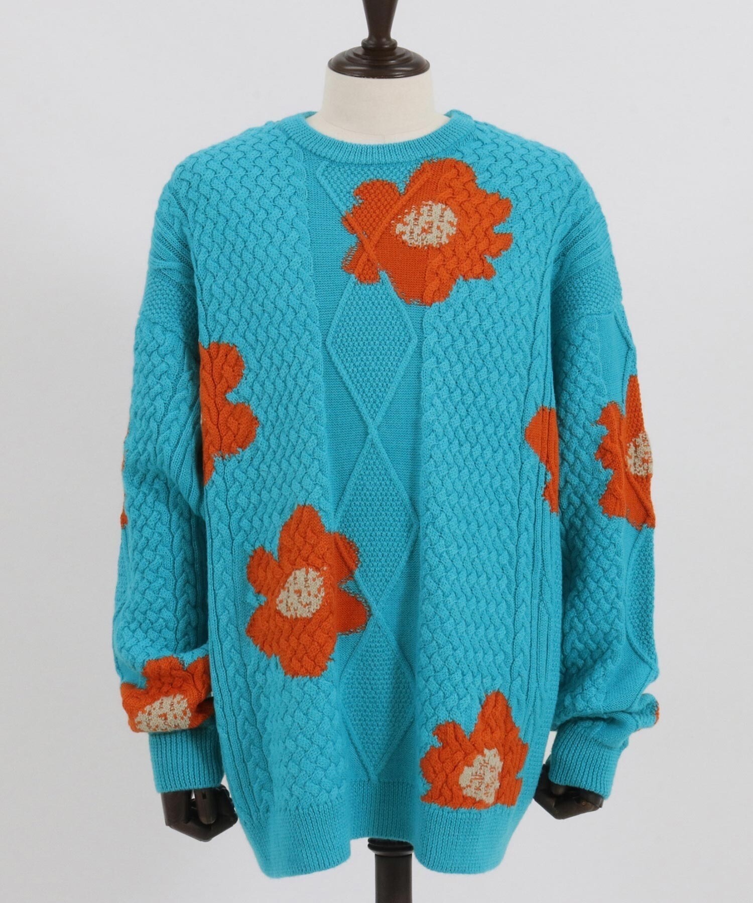 ADAM PATEK floral pattern cable crew neck/フラワー柄ケーブルクルーネックニット