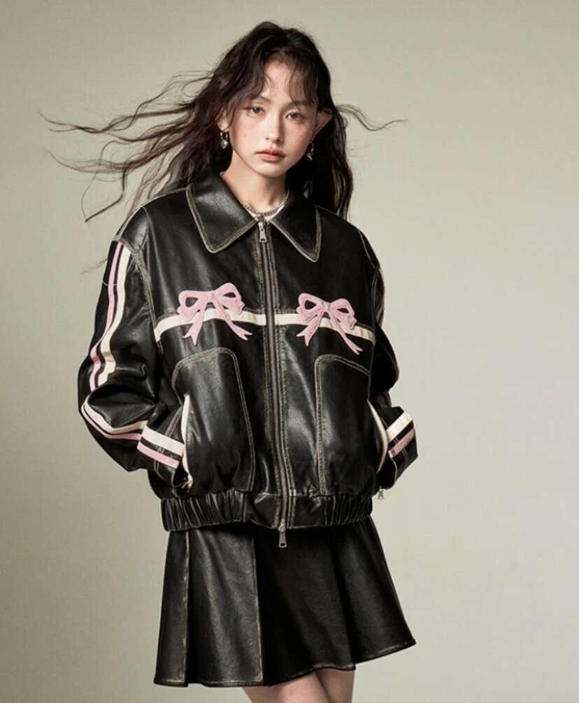 DIDDI MODA RETRO LEATHER JACKET WITH RIBBON
