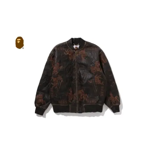 A BATHING APE MULTI LOGO QUILTED LEATHER BOMBER JACKET