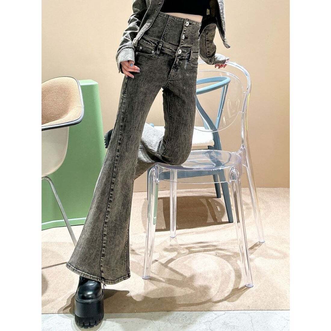 GYDA ハイウエストボタンUSEDケミカルウォッシュストレッチフレアデニムパンツ