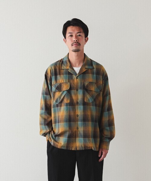 BEAMS オンブレチェック オープンカラーシャツ