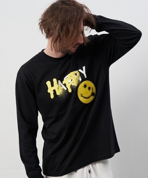 STUD MUFFIN 5.6ozコットン天竺 HAPPYプリントシャギースマイルパッチ LS Tシャツ