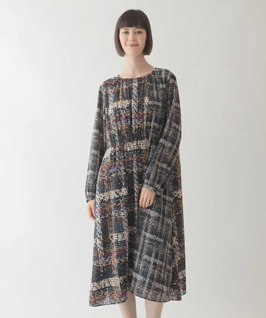 HIROKO BIS ウエストギャザーチェックプリントワンピース