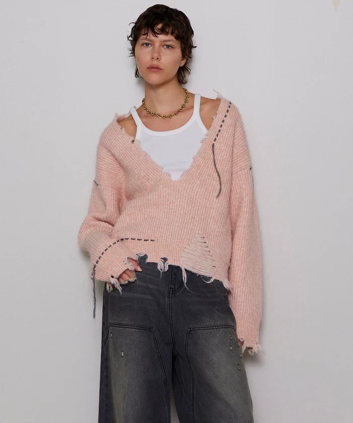 MAISON SPECIAL Hand Stitch Deep V-neck Knitwear