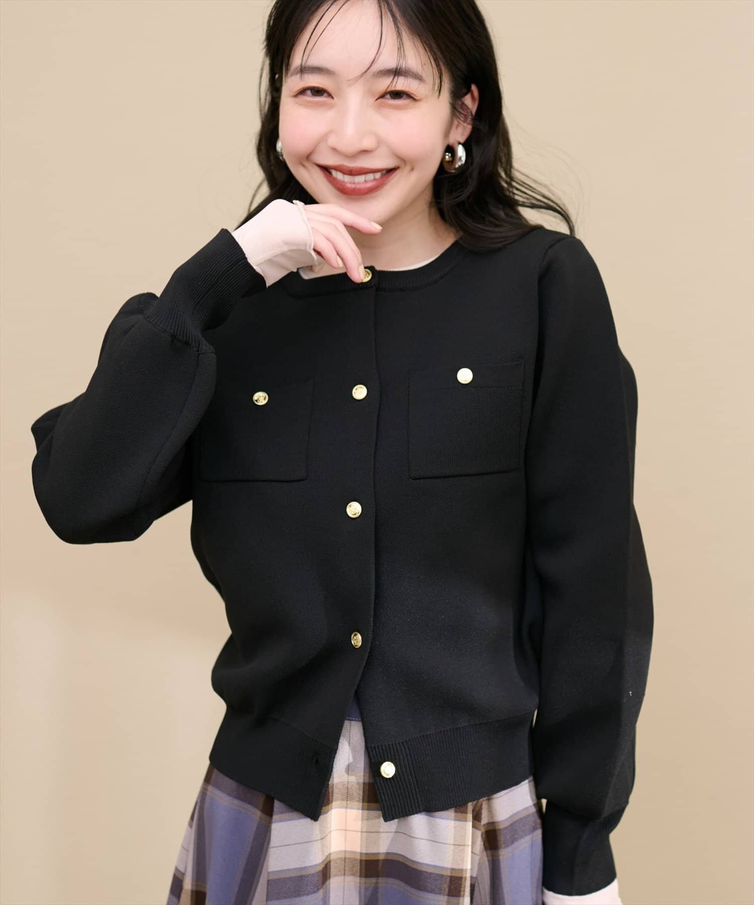 natural couture ポリニット金釦ポケ付きカーディガン