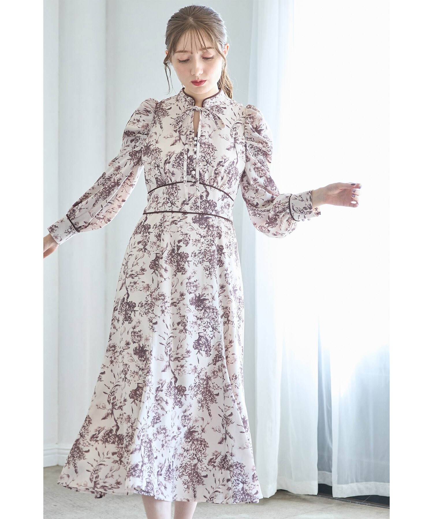tocco りぼん付きスタンドカラークラシカルフラワープリントマーメイドワンピース【refos】