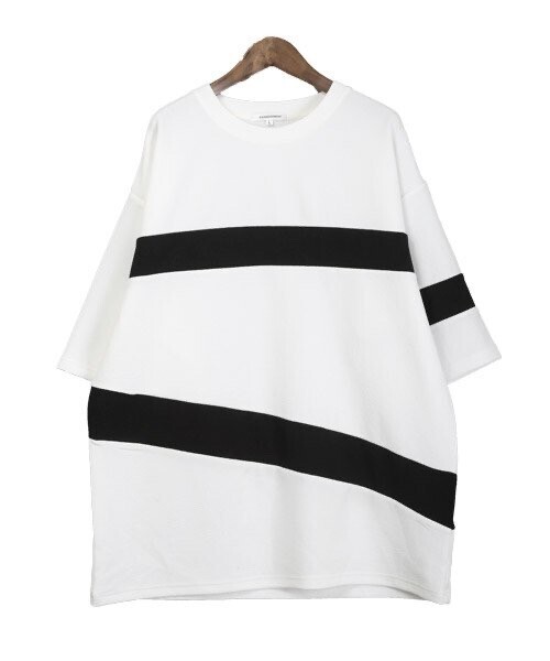 LUXSTYLE 梨地切替半袖Tシャツ/Tシャツ メンズ 半袖 5分袖 ビッグシルエット 梨地 ライン ボーダー 切替 春夏