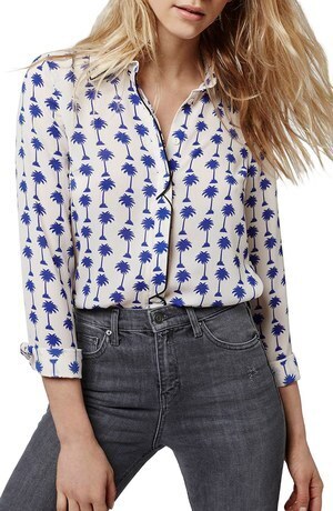 TOPSHOP Palm Print Long Sleeve Shirt