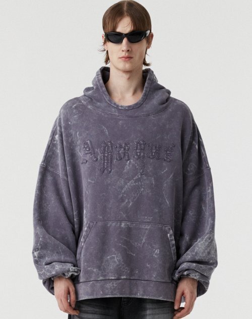 DNSR snow washed applique hoodie