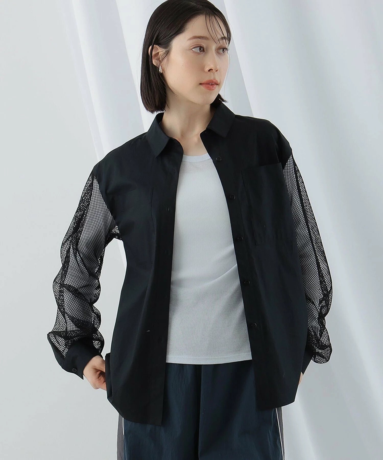 Ray BEAMS メッシュ スリーブ シャツ