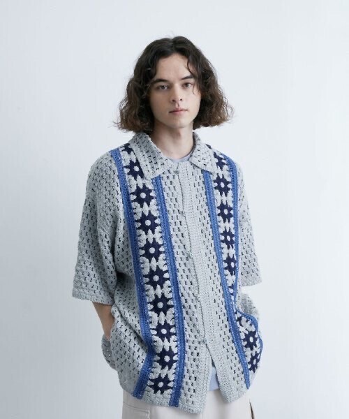 JUNRed フラワークロシェハーフスリーブシャツ