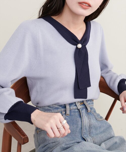 natural couture 配色使いパール付きボウタイニット