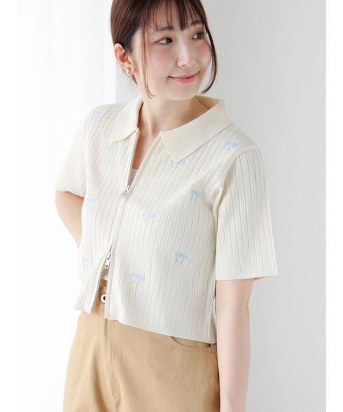 Te chichi TERRASSE リボン刺繍ダブルジップカーディガン