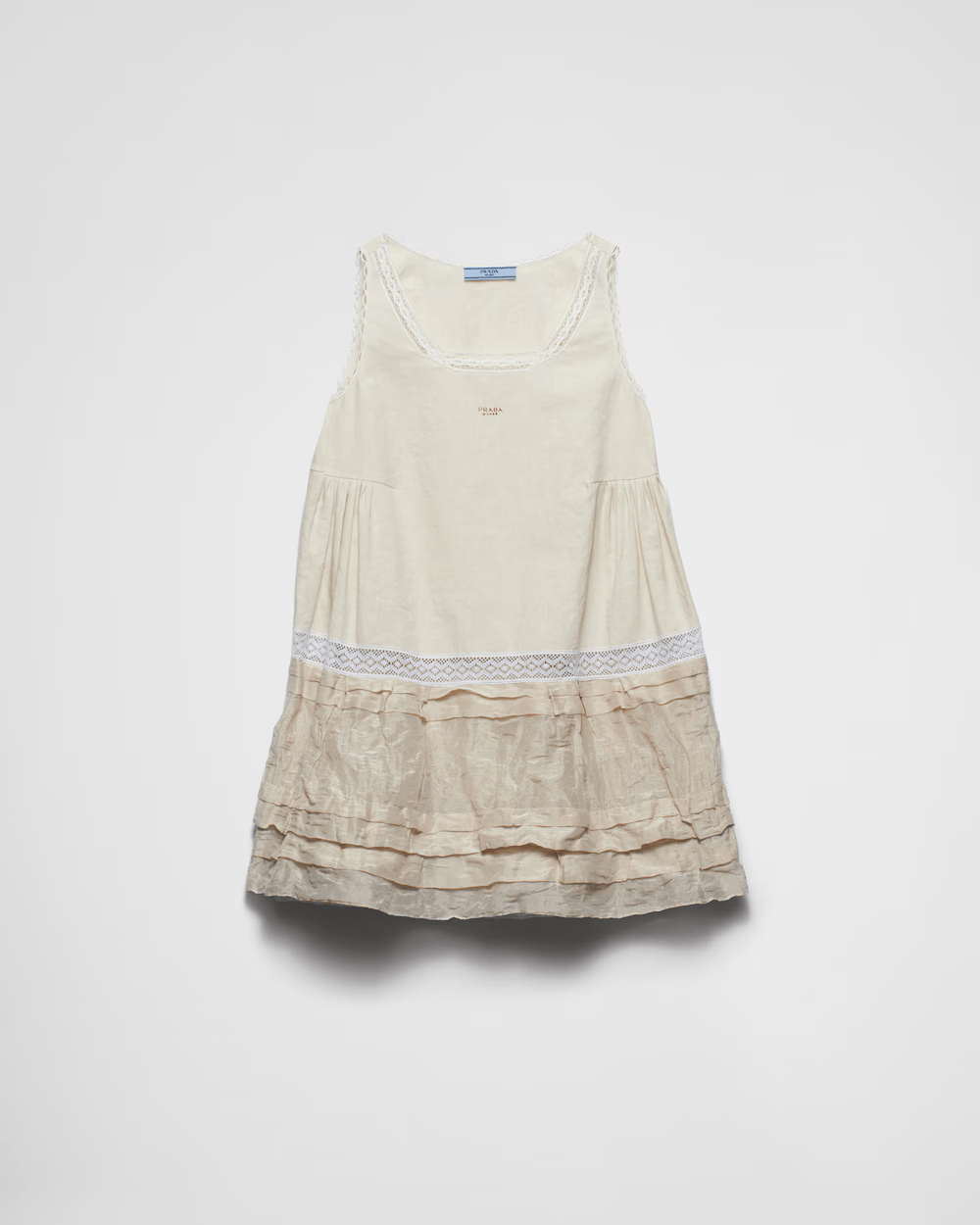 PRADA Embroidered linen and antique silk mini-dress