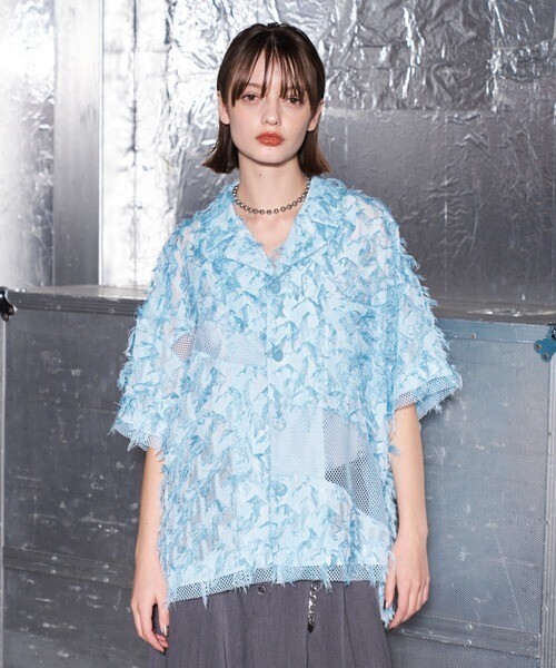 seyto Jaguard fringe mesh half sleeve shirt