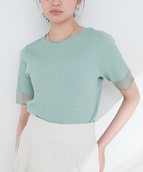 natural couture 袖口シアー強撚リブニット