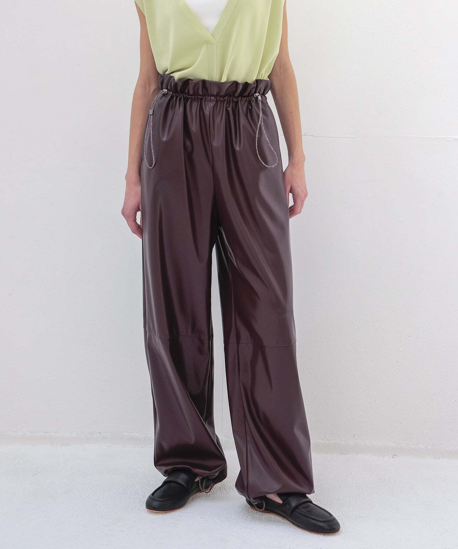 DRESSLAVE drawstring smooth leather like wide pants