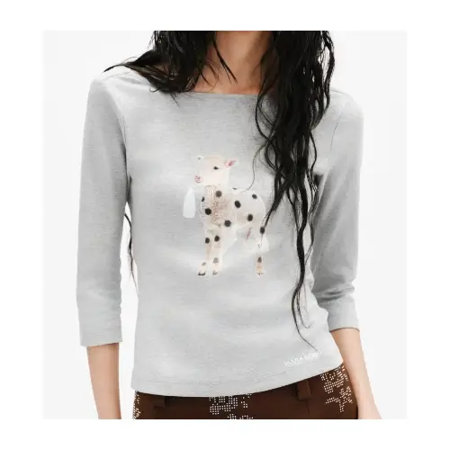MARKGONG SWEET TREAT SHEEP PRINTED RED 3/4 SLEEVE COWL NECK BACKLESS TOP