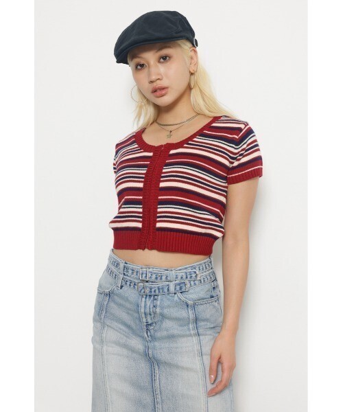 LAGUA GEM FRONT ZIP BORDER ニット
