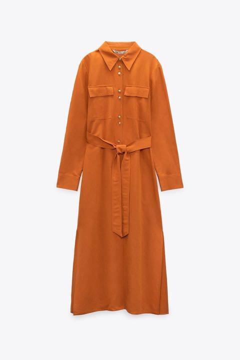 ZARA トップステッチ シャツ リネン ワンピース